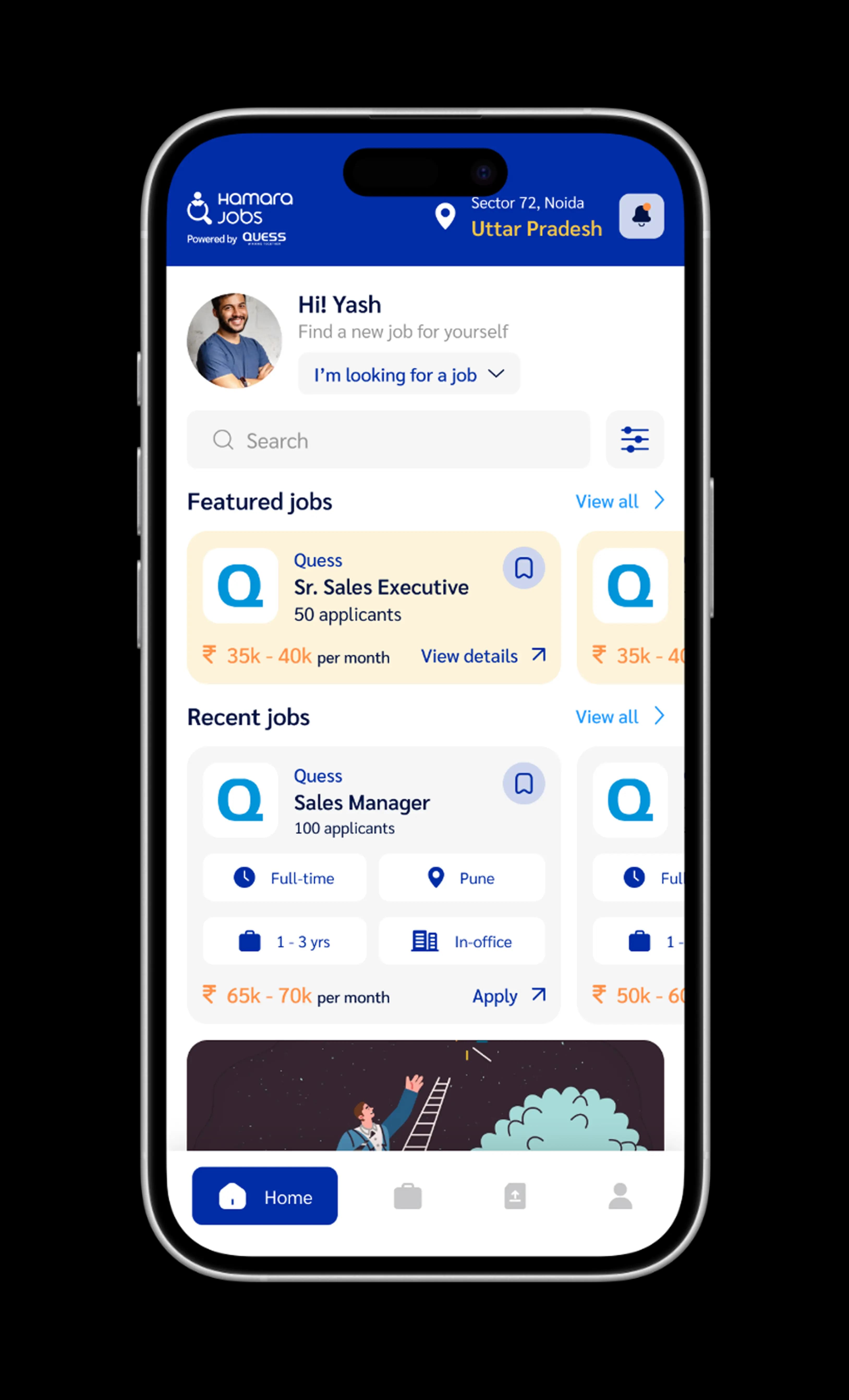 HamaraJobs mobile application interface showing job search features, profile creation, and job alerts on smartphone screen