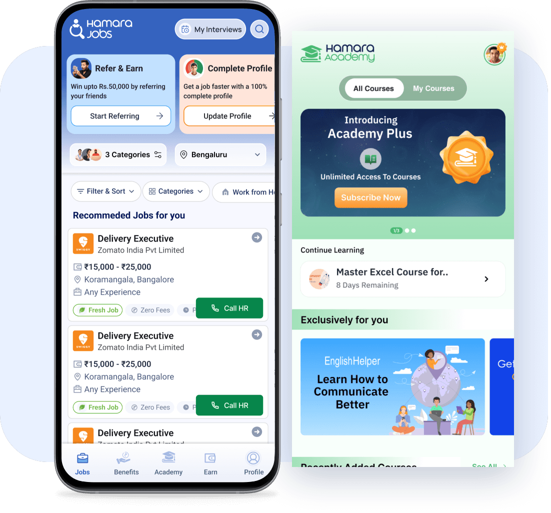 HamaraJobs mobile application interface showing job search features, profile creation, and job alerts on smartphone screen